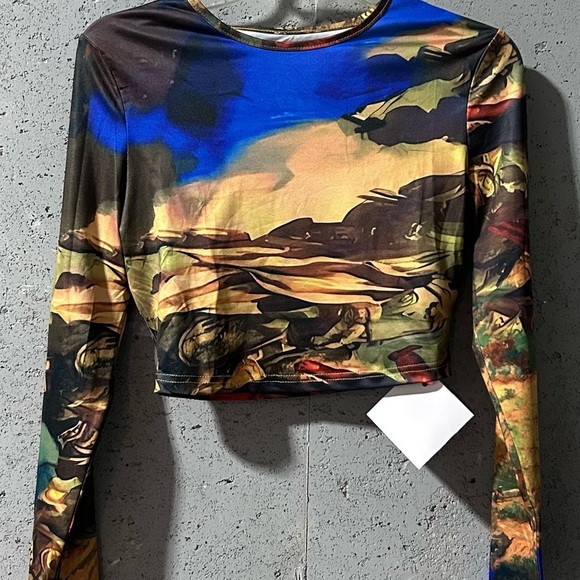 #042♦️SHEIN Blue and Yellow Graphic Fitted Crop-Top Sz 6/M US ♦️ - Picture 2 of 10